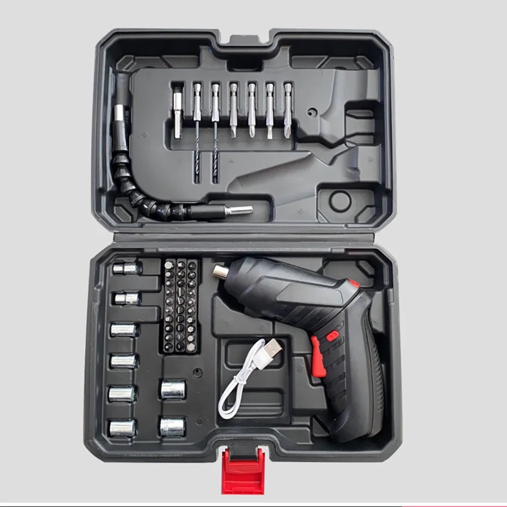 Kit com Chave de fenda elétrica sem fio com bateria de lítio recarregável Mini furadeira 3.6V + 47 peças e Chaves - achatudostore