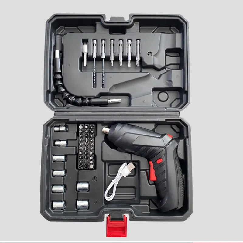 Kit com Chave de fenda elétrica sem fio com bateria de lítio recarregável Mini furadeira 3.6V + 47 peças e Chaves - achatudostore