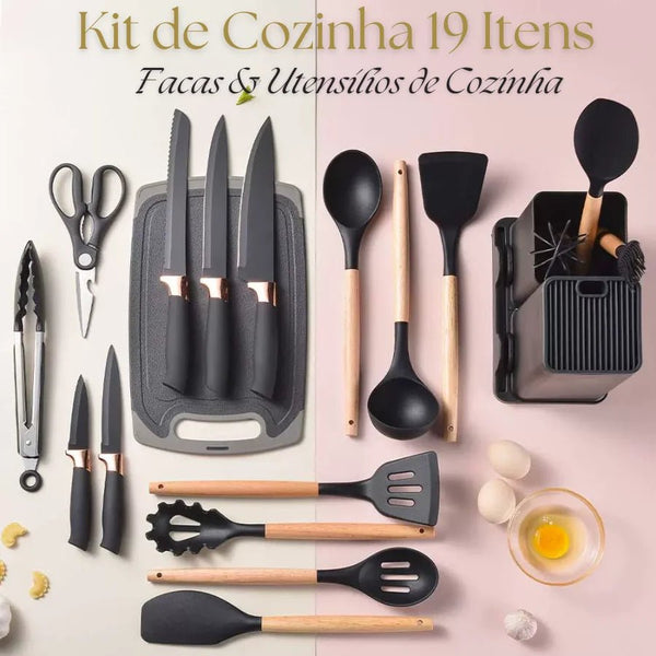 Kitchen Set Lux - Conjunto de Utensílios de Cozinha 19 Peças - Antiaderente com Cabos de Madeira - achatudostore