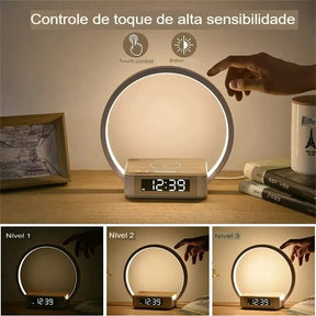 Abajur de Cabeceira com Carregamento Sem Fio, hora e alarme - achatudostore