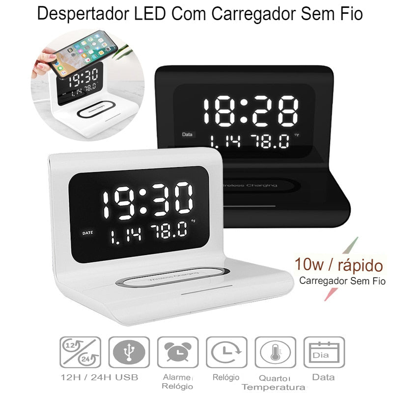 DigitalStation 4 em 1 Multifuncional - Carregador por Indução, Hora, Calendário e Temperatura - achatudostore