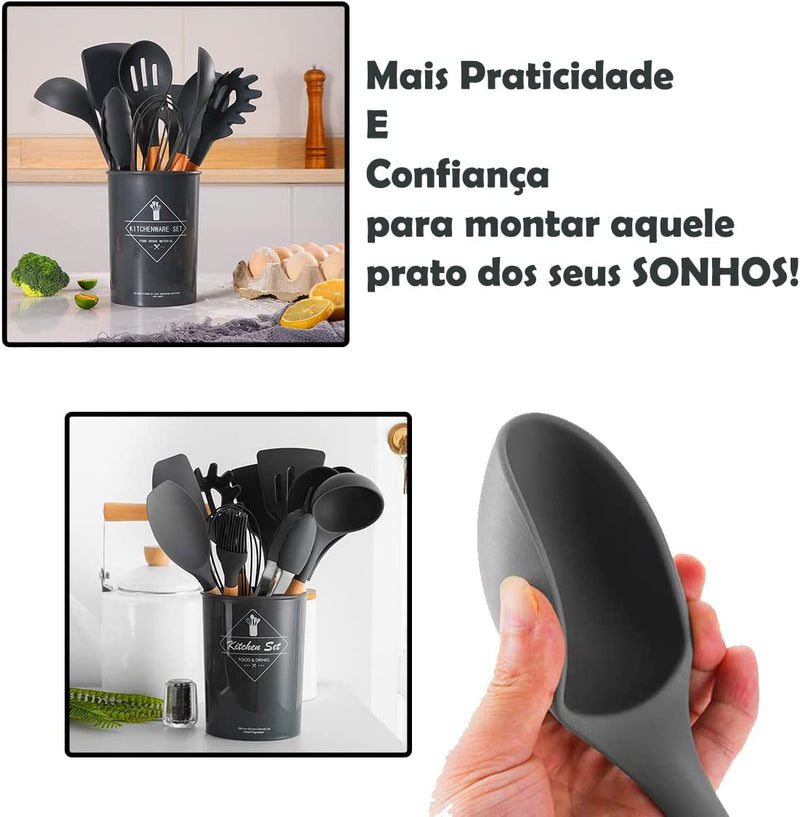 Kit com 12 Utensílios De Cozinha em Silicone e Madeira de Bamboo - achatudostore