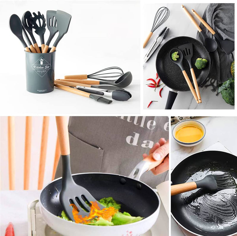 Kit com 12 Utensílios De Cozinha em Silicone e Madeira de Bamboo - achatudostore