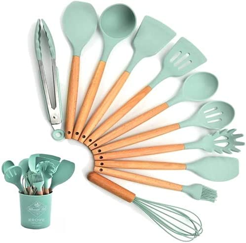 Kit com 12 Utensílios De Cozinha em Silicone e Madeira de Bamboo - achatudostore