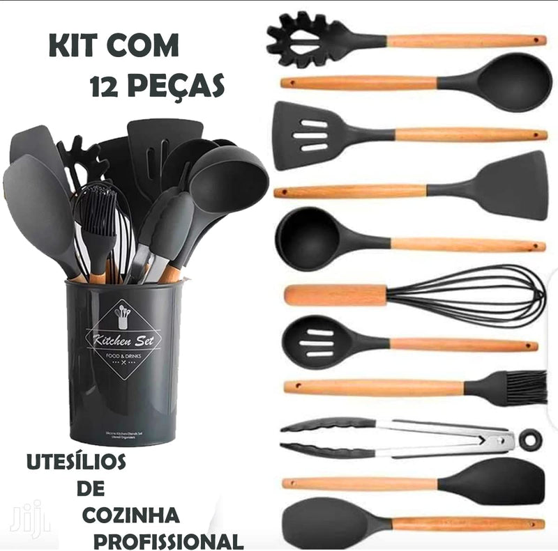 Kit com 12 Utensílios De Cozinha em Silicone e Madeira de Bamboo - achatudostore