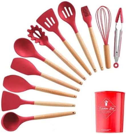 Kit com 12 Utensílios De Cozinha em Silicone e Madeira de Bamboo - achatudostore