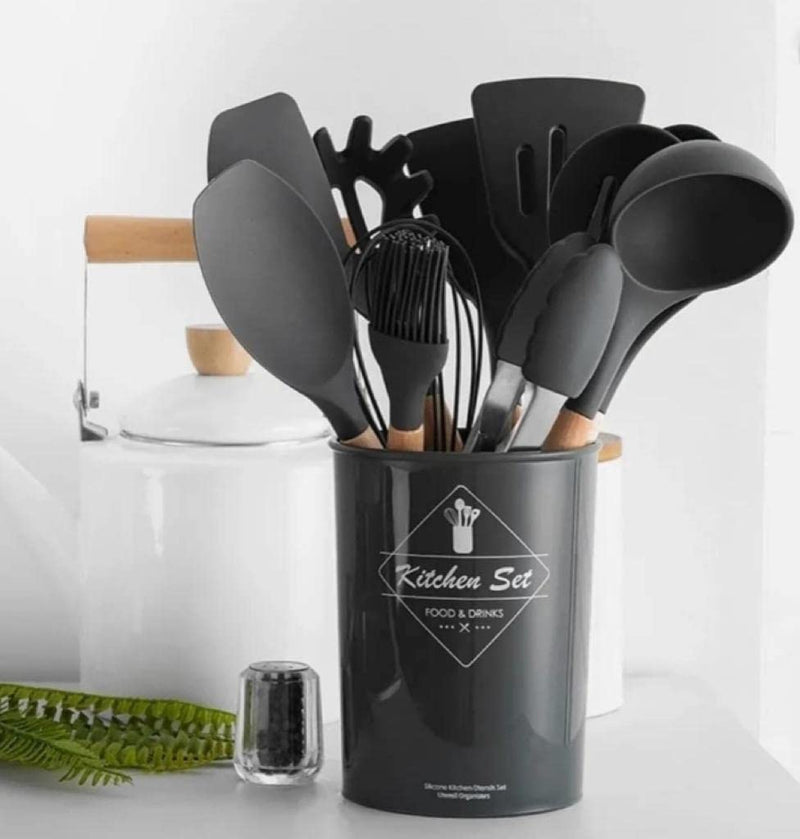 Kit com 12 Utensílios De Cozinha em Silicone e Madeira de Bamboo - achatudostore