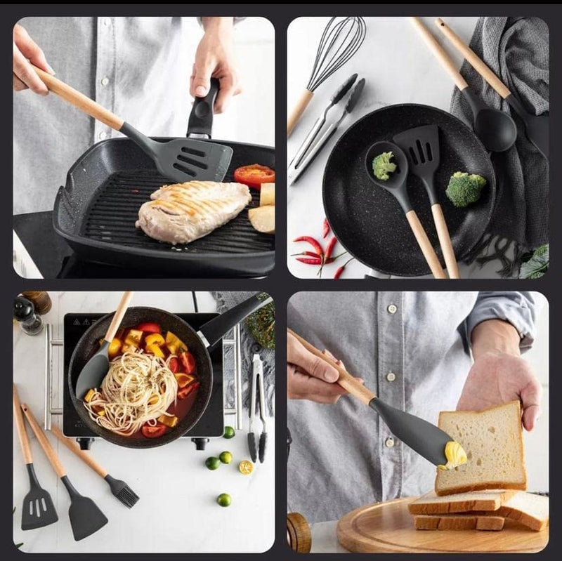 Kit com 12 Utensílios De Cozinha em Silicone e Madeira de Bamboo - achatudostore