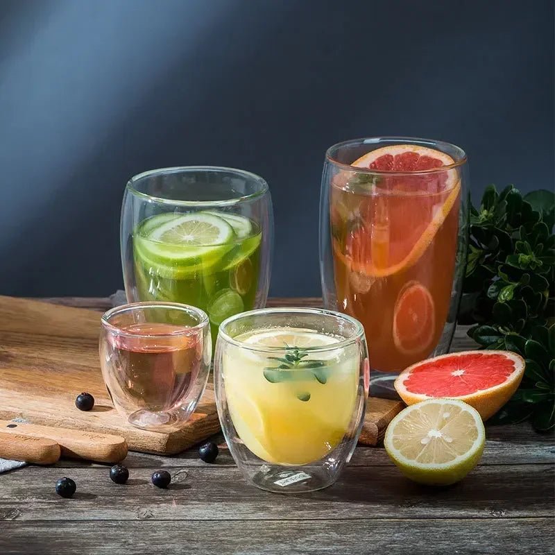 Kit com 4x Copos Criativos com Parede Dupla de Vidro Borosilicato - Resistentes ao Calor para Chá, Leite, Café, Água - achatudostore