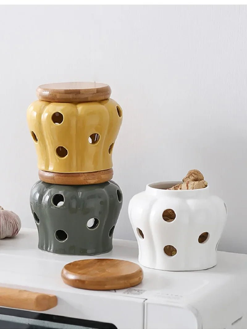 Pote Criativo vazado de Armazenamento em Cerâmica para alho, gengibre, pimenta etc - achatudostore