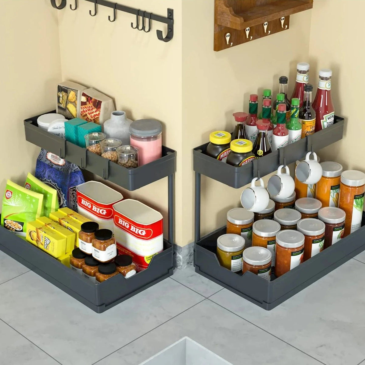 Prateleira Organizadora Deslizante de 2 Níveis em L para Gabinete de Cozinha e Banheiro - achatudostore
